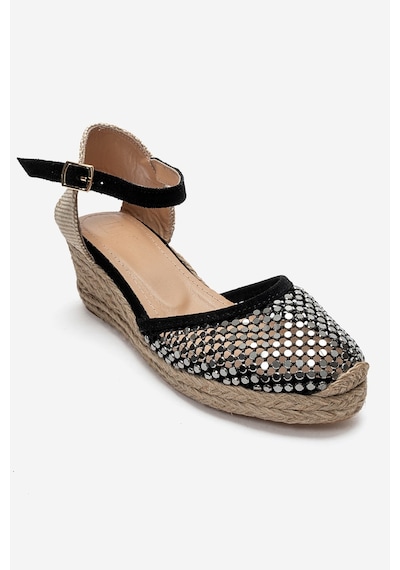 Luvi Shoes Drelıx Siyah Süet Hakiki Deri Taş Detaylı Fileli Kadın Dolgu Topuklu Sandalet