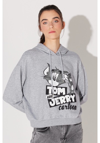 Regular Fit Normal Kesim Kapüşonlu Gri Melanj Tom Ve Jerry Baskılı Sweatshirt L231211035 Gri