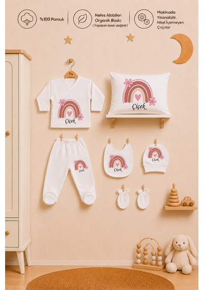 Pia Baby İsme Özel Kız Bebek %100 Pamuk Zıbın Şapka Önlük Eldiven Ve Yastık Kılıfı Hediyelik Set 1003yz0x Ekru