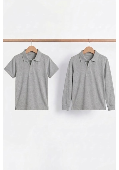 Nacar Store Unisex Çocuk Uzun Ve Kısa Kollu Polo Yaka Okul Tişörtü 2'li Set Gri