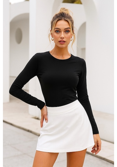 Kadın Siyah Bisiklet Yaka Uzun Kollu Body Siyah