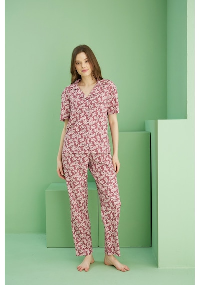 Siyah İnci Bürümcük Krınkıl Kumaş Örme Düğmeli Pijama Takım25118550 Çok Renkli