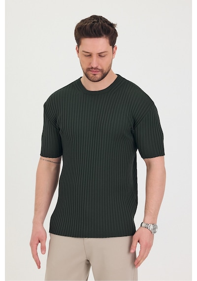 Tarz Cool Erkek Bisiklet Yaka Fitilli Kısa Kollu Ince Triko T-shirt Haki