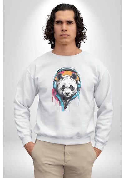 Kulaklık Ayı Panda Unisex Beyaz Baskılı Sweatshirt Beyaz