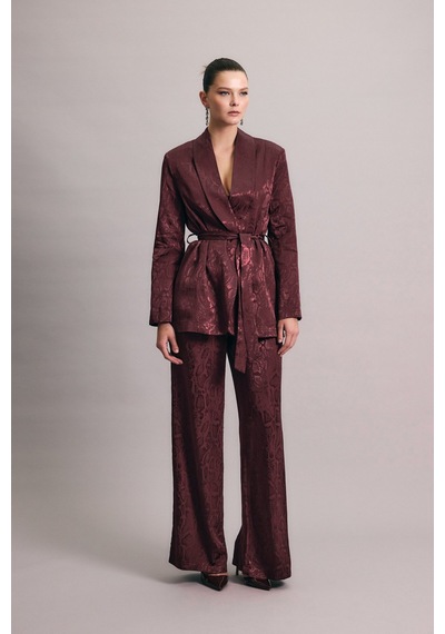 Sateen Yılan Desenli Uzun Ceket - Bordo-136439 Bordo