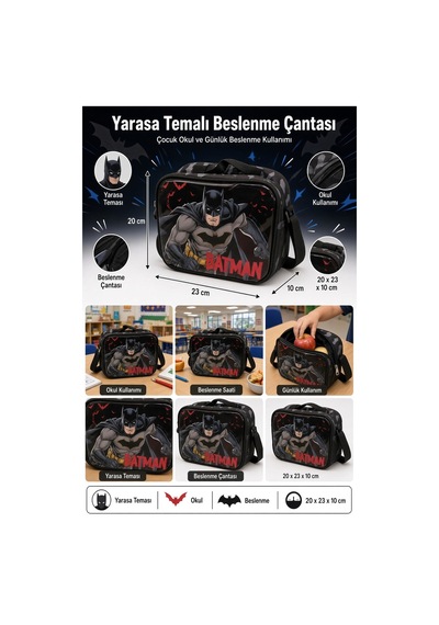 Yarasa Temalı Beslenme Çantası Çocuk Öğrenci Okul Yemek Çantası Günlük Kullanım 20x23x10 Cm Çok Renkli