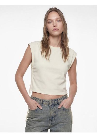Koton Pamuklu Kolsuz Bisiklet Yaka Büzgülü Crop Bluz Ekru 6sal30016ık Ekru