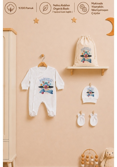 Pia Baby İsme Özel Erkek Bebek Tulum %100 Pamuk Organik Baskılı İsimli Bebek Tulumu Ham Bez Kıyafet Kesesi Bebek Hediye Seti 2048tk0x Krem
