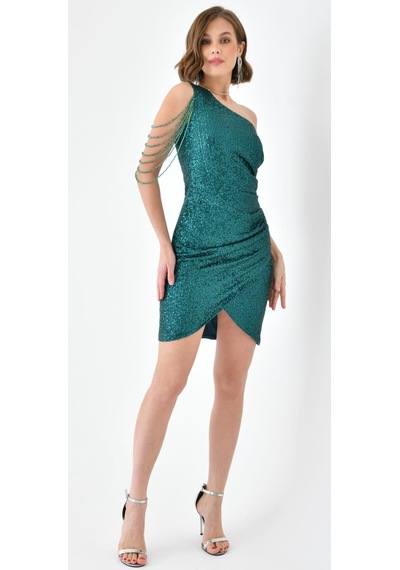 Hanife Glam Couture Hanife Glam Tek Omuz Taş Tasarımlı Mini Pulpayet Elbise Zümrüt