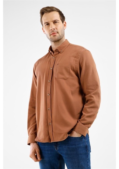 İmza Açık Bej Düğmeli Yaka Uzun Kol Cepli Slim Fit %100 Pamuk Gömlek 1004255213 Açık Bej