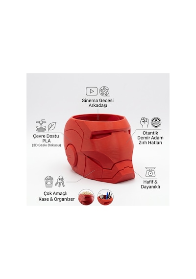 Iron Man Tasarımlı 3d Baskı Kırmızı Patlamış Mısır Kasesi Dekoratif Çerezlik Ve Masaüstü Organizer