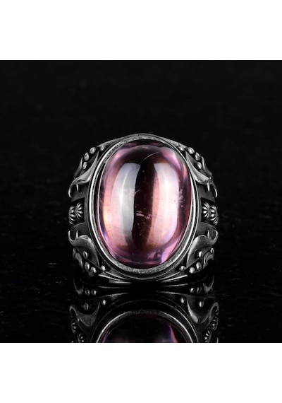 925 Ayar Gümüş Yüzük, Tasarım Gümüş Erkek Yüzüğü Pembe Topaz Yapay Taş Gümüş