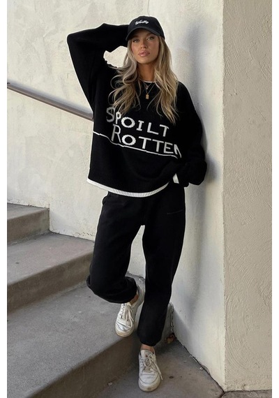 Madmext Siyah Yazılı Oversize Bisiklet Yaka Kadın Kazak Mg1596 - Siyah
