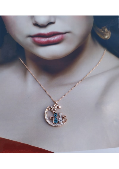 Modahilye 925 Ayar Gümüş Yıldızları Seyreden Kedi Tasarım Aşk Rozegold Kolye Rose Gold