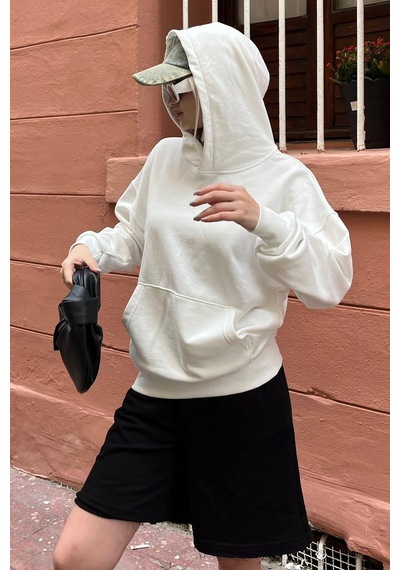 Ekru Kapüşonlu Oversize Cepli Sweatshirt Mg2207