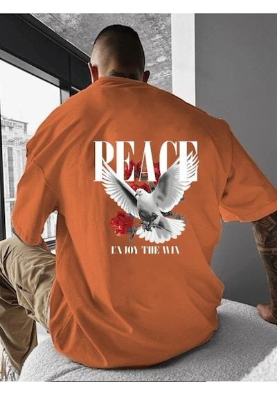 Peace Baskılı Oversize Tişört Turuncu