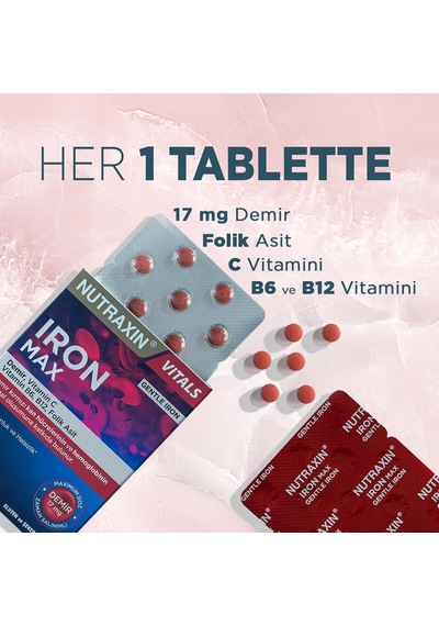 Ayrex Nutraxin Iron Max 30 Tablet Demir, C Vitamini, Folik Asit Ve B12 Vitamini İçeren Takviye