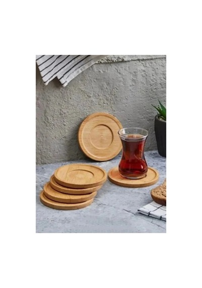 Ahşap Bardak Altlığı 6'lı Yuvarlak Çay Tabağı Bambu