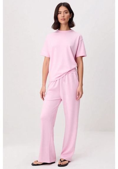 Benerly Kadın Büyük Beden Kısa Kol Bisiklet Yaka Rahat Kesim Silky İnterl Pembe