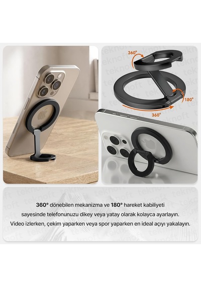 Magsafe İle Uyumlu Ayarlanabilir Manyetik Stand Ve 360 Dönebilen Çıkarılabilir Metal Telefon Tutacağı Siyah