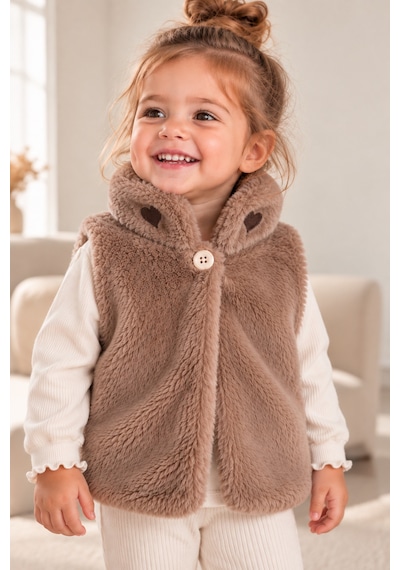 Luess Kız Bebek Peluş Yelek Kalp Nakışlı Vizon Sütlü Kahve
