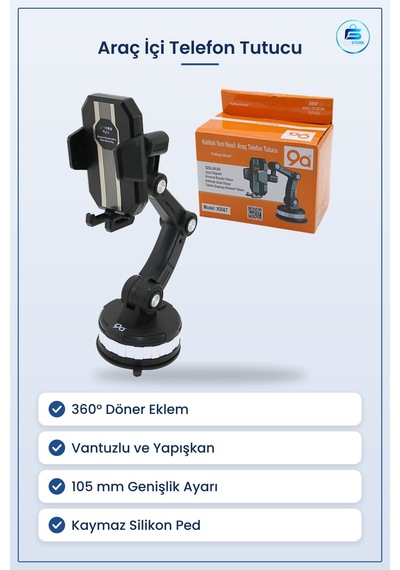 Araç İçi Telefon Tutucu Döner Eklemli Vantuzlu İla 105 Mm Geniş