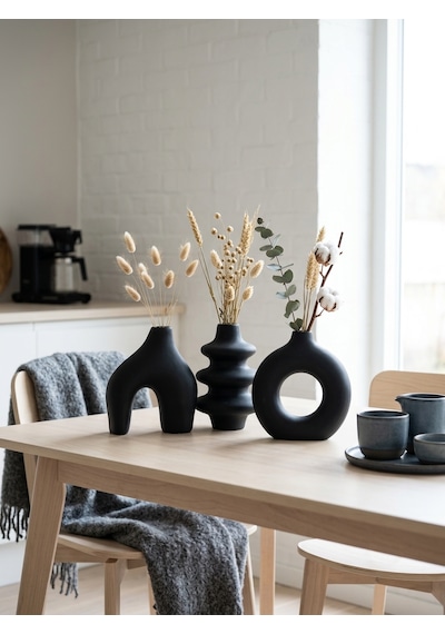 Kaveld Trio Forma El Yapımı 3'lü Dekoratif Vazo Seti, Kemer + Yığma Halka + Donut Form Mermer Tozu & Beton Minimalist Kuru Çiçek Vazosu Siyah Kaveld Trio Forma El Yapımı 3'lü Dekoratif Vazo Seti, Kemer + Yığma Halka + Donut Form Mermer Tozu & Beton Minimalist Kuru Çiçek Vazosu Siyah