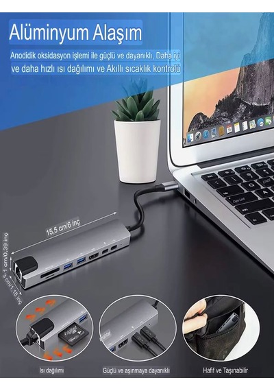 8in1 Aluminium Pd100w Hızlı Şarj 4k 1xethernet 1xhdm 2xusb 2xtype-c Tf/sd Usb Çoklayıcı Çevirici