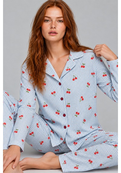 Fit Women Kadın Kiraz Desenli Pötikare Mavi Pijama Takımı 4792