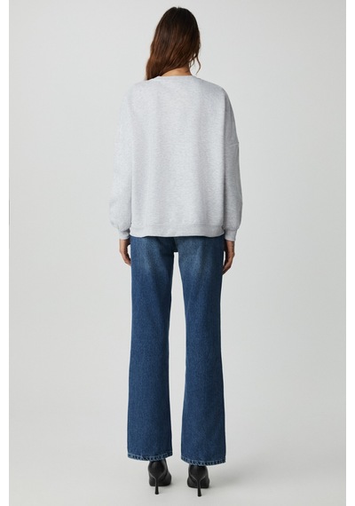 Ethıquet JORDIN Kadın Uzun Kollu Yuvarlak Yaka Önü Aplike Nakışlı Düşük Omuz Oversize Grimelanj Sweatshirt