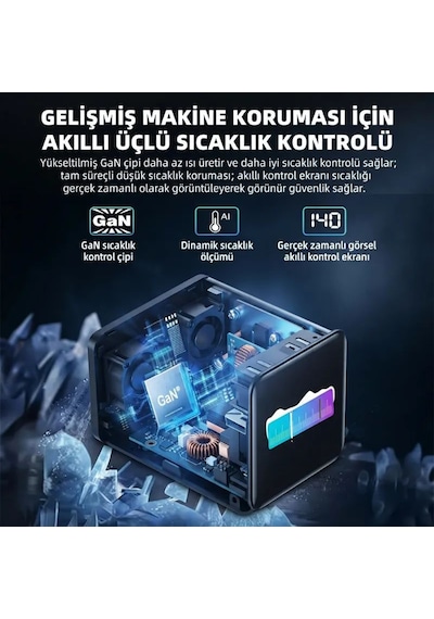 Gan Power Gn-03 100w 3 Portlu Gan Hızlı Şarj Cihazı + 60w Hızlı Şarj Kablosu Hediyeli - Tft Akıllı Renkli Ekran, Bot İfadesi Animasyonlu Adaptör .