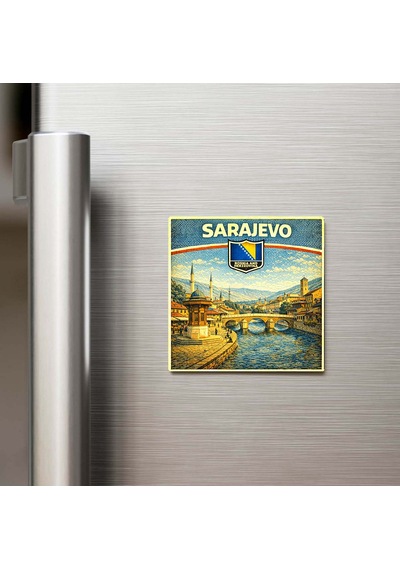 Retro Bosna-hersek Saraybosna Şehri Temalı Vintage Buzdolap Magneti 9x9 Cm