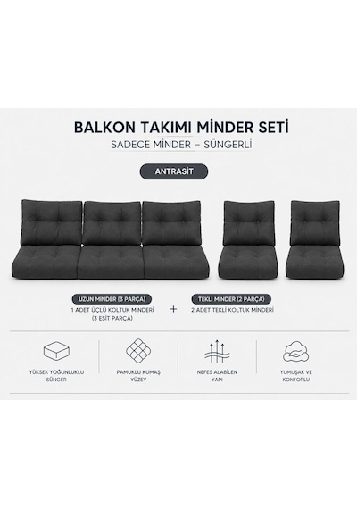 3-1-1 Fermuarlı Balkon Minderi-leke Tutmaz - İçidolu Minder Antrasit