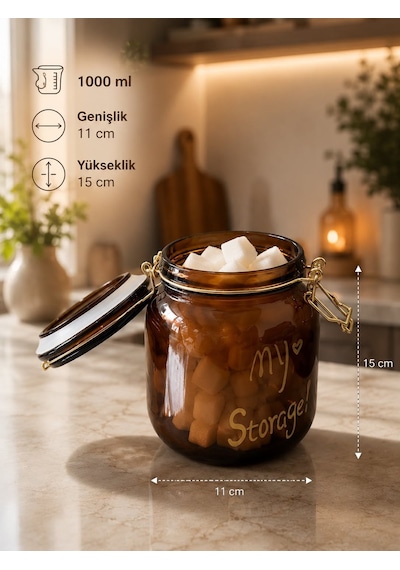 Morponi 3'lü Lüks Amber Klipsli Vakumlu Kapaklı Cam Kare Erzak Kavanozu Seti 1000 Ml