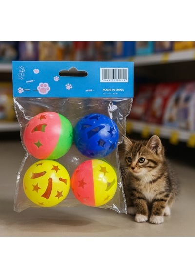 4 Adet Çıngıraklı Top Kedi Oyuncağı - Canlı Renkli