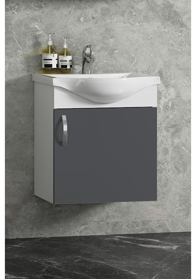 Yıldız 45 Cm Beyaz-antrasit Gri Mat Mdf Seramik Lavabolu Asma Banyo Alt Dolabı