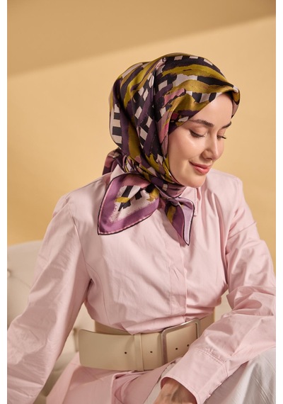 Silk Home Twill İpek Eşarp Şerit Yağ Yeşili Çok Renkli
