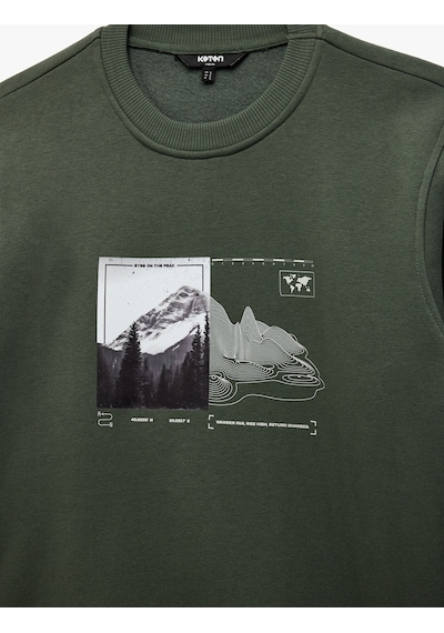 Koton Uzun Kollu Şardonlu Bisiklet Yaka Baskılı Sweatshirt Haki 6wam70161mk Haki