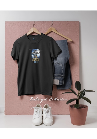 Oversize Deniz Hava Komutanlığı Kobra Helikopteri Tasarımlı Unisex T-shirt Siyah