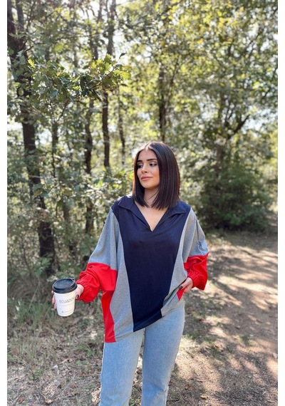 WeShaya Kadın Lacivert Polo Yaka, Yarasa Kol, Lastikli Manşet, Asimetrik Color Block, Salaş Sweatshirt Bluz Lacivert