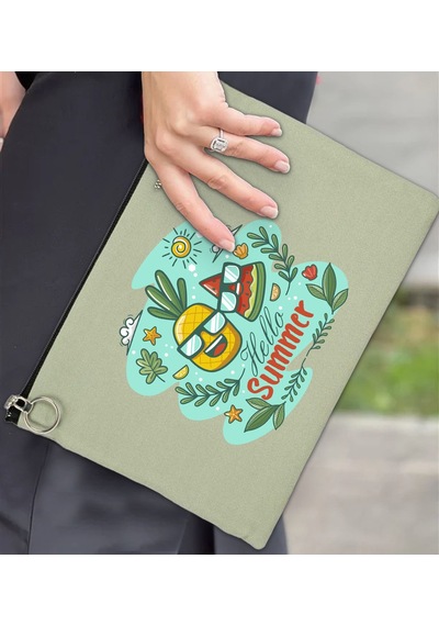 Bk Gift Yaz Temalı Astarlı Mint Yeşili Portföy Çanta 30x21cm, Baskılı El Çantası, Organizer Çanta Yeşil