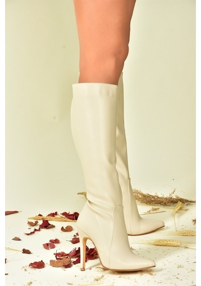 Fox Shoes Bej Ince Topuklu Sivri Burun Kadın Çizme N372530109