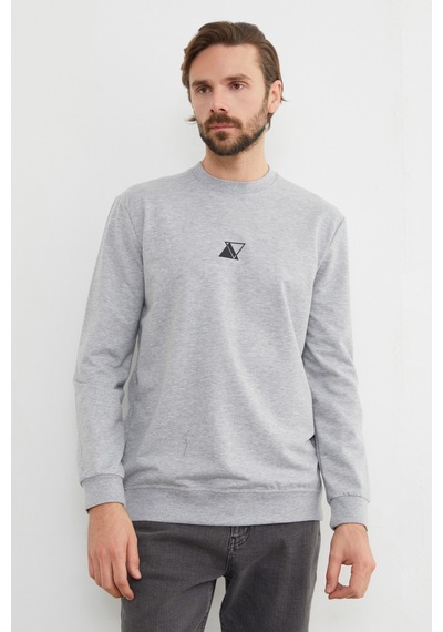 Fullamoda Üçgen Baskılı Bisiklet Yaka Sweatshirt Gri Melanj