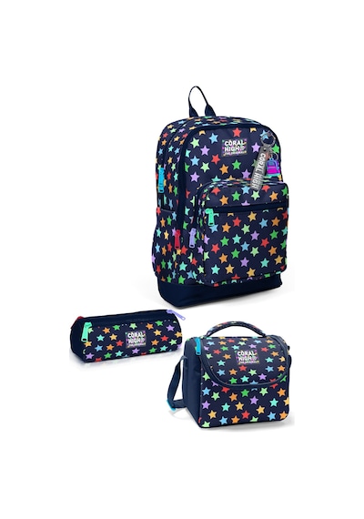 Coral High Kids Lacivert Renkli Yıldız Desenli 3 Lü Okul Çanta Seti Set0133209 Bronz - Altın