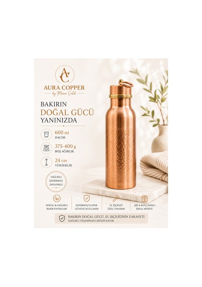 Kalın Bakır Matara 600 Ml El İşçiliği Suluk - Su Saklama Şişesi Rose Altın