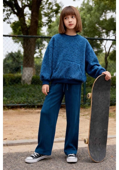 Tommy Life Parlament Cepli Ön Dikiş Detaylı Geniş Paça Kız Çocuk Eşofman Altı -75144 Mavi