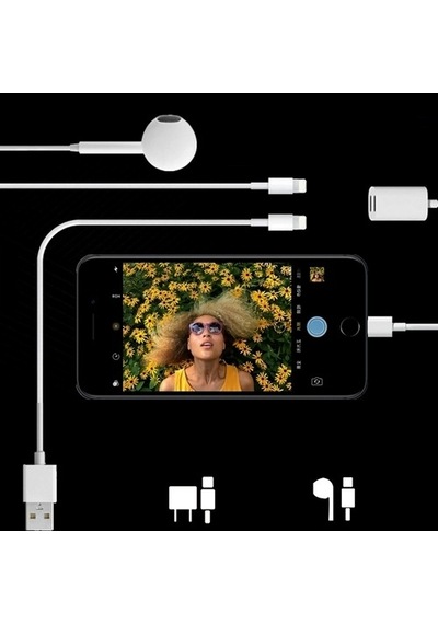 Apple Uyumlu iPhone  11,11Pro Xs-Xr 7-8Lightning Kulaklık +Şarj Usb Adaptörü-Beyaz