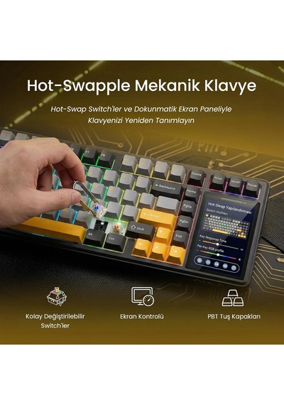 L99 4" Akıllı Dokunmatik Ekranlı 3 Modlu Rgb Hot Swap Caramel Latte Switch Mekanik Kablosuz Oyuncu Klavyesi Bej