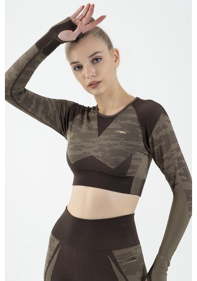 Maraton Active Slimfit Kadın Bisiklet Yaka Uzun Kol Fitness Kahverengi Crop Top 816013 Kahverengi