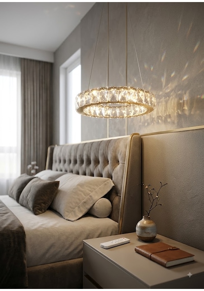 Ala Lighting Plaket Kristal Taş İşlemeli Gold Paslanmaz Tekli Led Avize - Kumandalı 3 Renk Altın - Gold